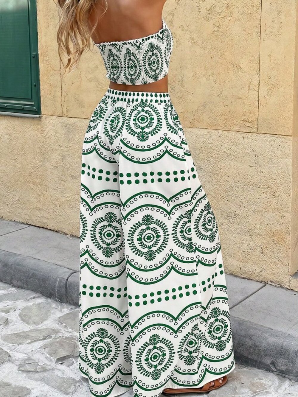 Green Boho Women's Full Print Bandeau Top And Wide Leg Pants Casual Set - Picture 2 of 7